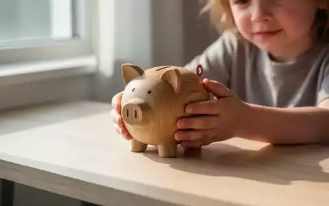 Ein Kind hält ein kleines, schlichtes Sparschwein auf einem hellen Schreibtisch in sanftem Tageslicht. - Foto: über boerse-global.de
