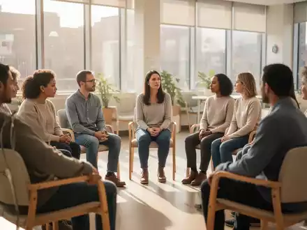 Eine Gruppe von Menschen sitzt in einem hellen Gesundheitszentrum in einem Stuhlkreis und nimmt an einem Workshop teil. - Foto: über boerse-global.de