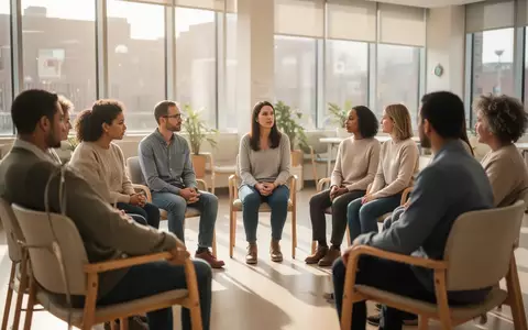 Eine Gruppe von Menschen sitzt in einem hellen Gesundheitszentrum in einem Stuhlkreis und nimmt an einem Workshop teil. - Foto: über boerse-global.de