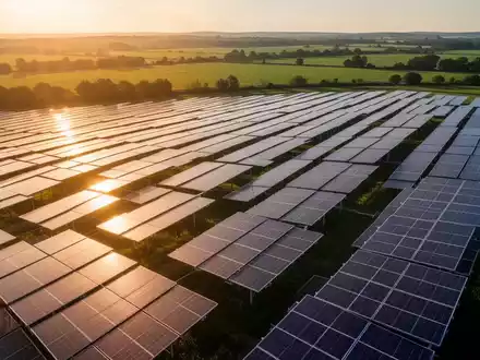 Reihen von Photovoltaik-Solarmodulen in einer weitläufigen Anlage während des goldenen Lichts der Abendsonne. - Foto: über boerse-global.de