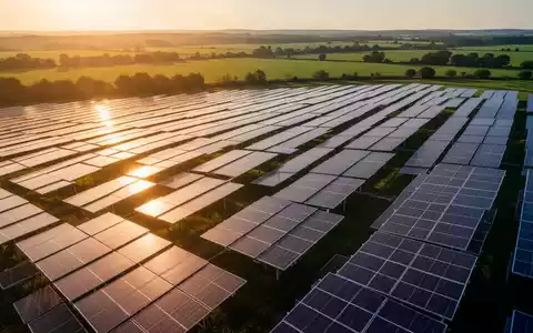 Reihen von Photovoltaik-Solarmodulen in einer weitläufigen Anlage während des goldenen Lichts der Abendsonne. - Foto: über boerse-global.de