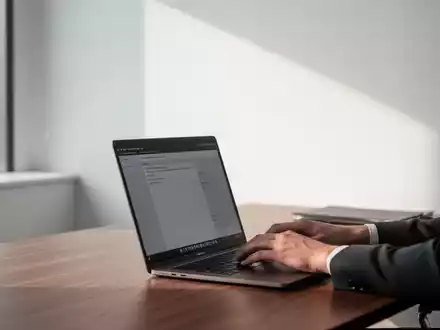Ein minimalistischer, moderner Arbeitsplatz mit einem Laptop in einem hellen Bürogebäude bei natürlichem Tageslicht. - Foto: über boerse-global.de