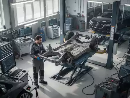 Ein Mechaniker arbeitet an einem Fahrzeug in einer modernen Kfz-Werkstatt mit professioneller Diagnosetechnik. - Foto: über boerse-global.de