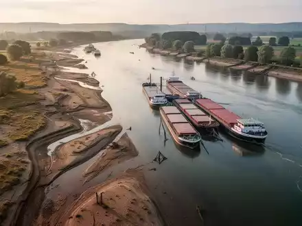Ein ausgetrockneter Flusslauf mit festliegenden Lastkähnen bei sommerlicher Hitze als Symbol für klimabedingte Infrastrukturrisiken. - Foto: über boerse-global.de
