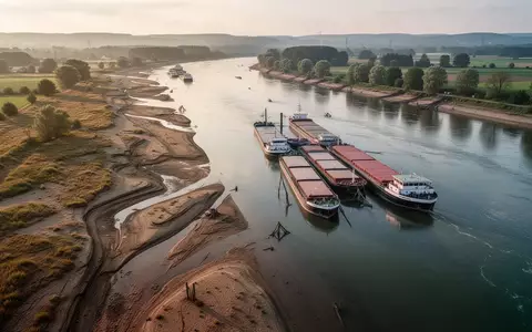 Ein ausgetrockneter Flusslauf mit festliegenden Lastkähnen bei sommerlicher Hitze als Symbol für klimabedingte Infrastrukturrisiken. - Foto: über boerse-global.de