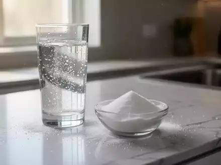 Ein Glas Sprudelwasser neben einer Schale mit weißem Süßstoffpulver auf einer Küchenarbeitsplatte. - Foto: über boerse-global.de