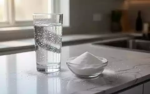 Ein Glas Sprudelwasser neben einer Schale mit weißem Süßstoffpulver auf einer Küchenarbeitsplatte. - Foto: über boerse-global.de
