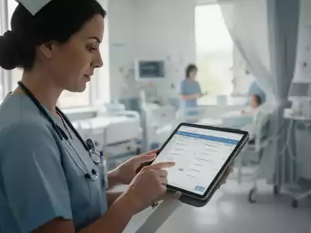 Eine Pflegekraft nutzt ein Tablet in einer modernen medizinischen Einrichtung zur digitalen Dokumentation. - Foto: über boerse-global.de