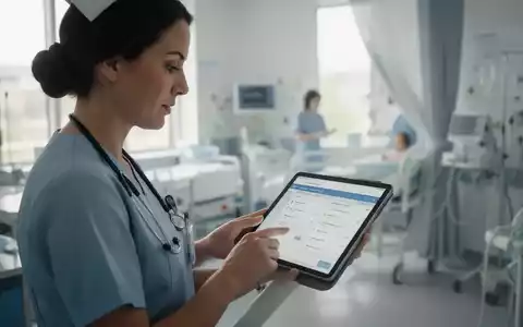 Eine Pflegekraft nutzt ein Tablet in einer modernen medizinischen Einrichtung zur digitalen Dokumentation. - Foto: über boerse-global.de