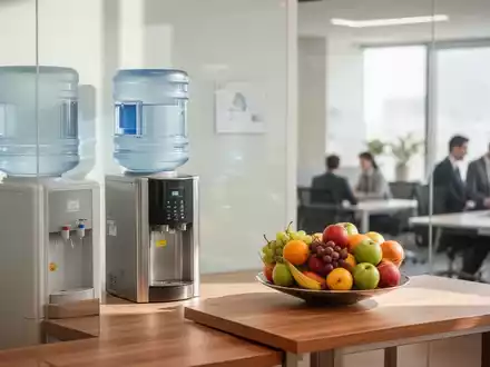 Ein heller, moderner Pausenraum in einem Büro mit einer Wasserstation und frischem Obst auf einem Holztisch. - Foto: über boerse-global.de