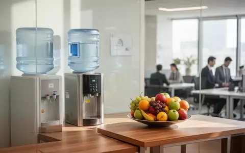 Ein heller, moderner Pausenraum in einem Büro mit einer Wasserstation und frischem Obst auf einem Holztisch. - Foto: über boerse-global.de