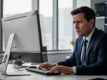Ein besorgter Finanzexperte an einem Schreibtisch vor einem leeren Monitor in einem modernen Büro. - Foto: über boerse-global.de