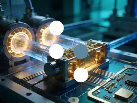 Abstrakte Darstellung von Quantencomputing-Hardware in einem futuristischen Labor mit bläulicher Beleuchtung. - Foto: über boerse-global.de