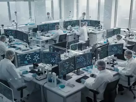 Wissenschaftler in einem modernen Labor arbeiten an Computern zur Datenanalyse und KI-gestützten Medikamentenentwicklung. - Foto: über boerse-global.de