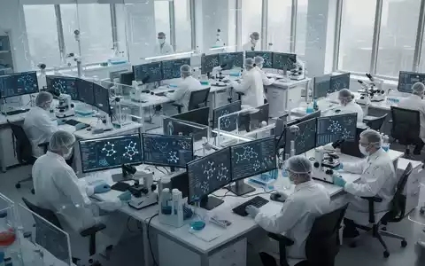 Wissenschaftler in einem modernen Labor arbeiten an Computern zur Datenanalyse und KI-gestützten Medikamentenentwicklung. - Foto: über boerse-global.de