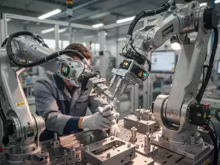 Ingenieur bei der Arbeit an einem industriellen Roboterarm in einer modernen Fertigungshalle. - Foto: über boerse-global.de