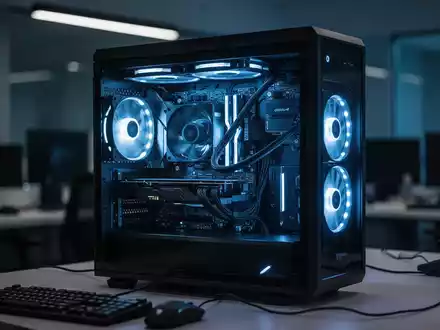 Nahaufnahme einer Computer-Hardware in einem abgedunkelten Büro bei blauem Licht. - Foto: über boerse-global.de