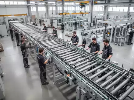 Ingenieure bei der Begutachtung einer großen Förderanlage in einer modernen deutschen Industriehalle. - Foto: über boerse-global.de