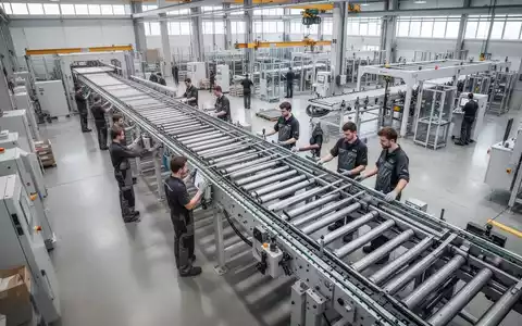 Ingenieure bei der Begutachtung einer großen Förderanlage in einer modernen deutschen Industriehalle. - Foto: über boerse-global.de