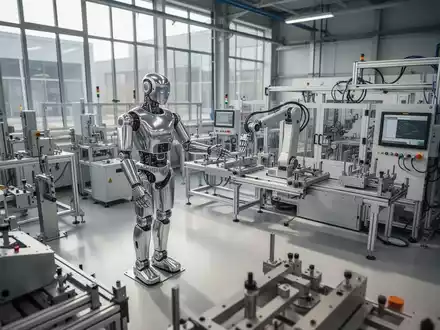 Ein humanoider Roboter arbeitet in einer modernen deutschen Industriehalle an einer Fertigungsanlage. - Foto: über boerse-global.de