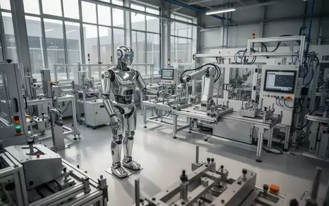Ein humanoider Roboter arbeitet in einer modernen deutschen Industriehalle an einer Fertigungsanlage. - Foto: über boerse-global.de