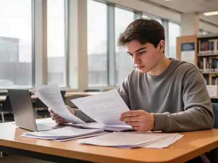 Ein konzentrierter Student arbeitet in einer modernen Universitätsbibliothek an seinem Laptop und Dokumenten. - Foto: über boerse-global.de