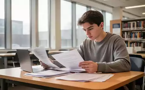 Ein konzentrierter Student arbeitet in einer modernen Universitätsbibliothek an seinem Laptop und Dokumenten. - Foto: über boerse-global.de