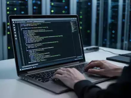 Ein Softwareentwickler arbeitet an einem Laptop in einem Serverraum, wobei der Fokus auf dem Programmiercode liegt. - Foto: über boerse-global.de