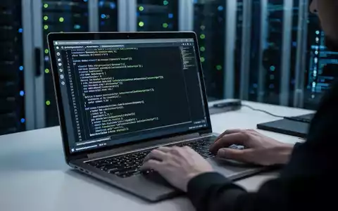 Ein Softwareentwickler arbeitet an einem Laptop in einem Serverraum, wobei der Fokus auf dem Programmiercode liegt. - Foto: über boerse-global.de