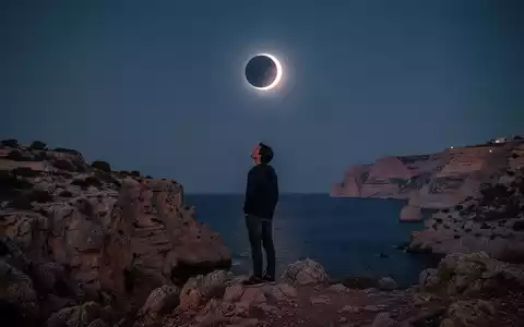 Eine Person betrachtet in kontemplativer Haltung eine totale Sonnenfinsternis über einer felsigen Küstenlandschaft. - Foto: über boerse-global.de