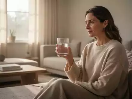 Eine entspannte Person hält ein Glas Wasser in einem sonnendurchfluteten, minimalistischen Raum. - Foto: über boerse-global.de
