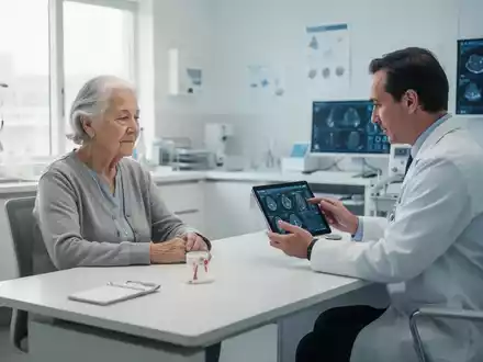Ein Arzt bespricht diagnostische Daten auf einem Tablet mit einem älteren Patienten in einer modernen Arztpraxis. - Foto: über boerse-global.de