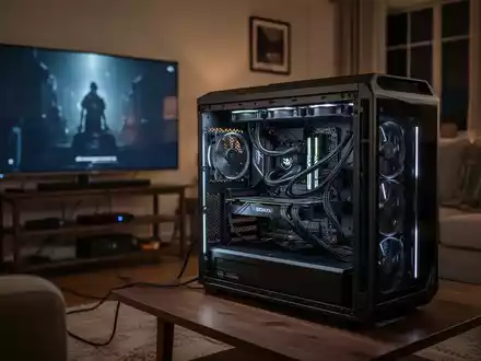 Ein selbstgebauter Gaming-PC, der in einem Wohnzimmer an einen Fernseher angeschlossen ist. - Foto: über boerse-global.de