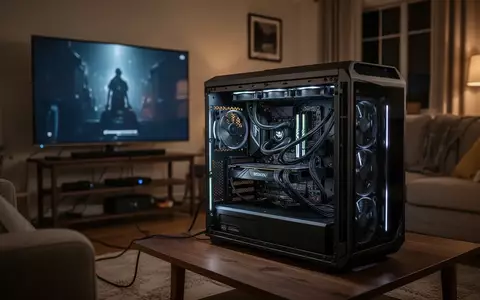 Ein selbstgebauter Gaming-PC, der in einem Wohnzimmer an einen Fernseher angeschlossen ist. - Foto: über boerse-global.de