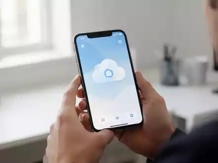 Person hält ein Smartphone in einem modernen Büro, auf dem Display ist eine Cloud-Speicher-App zu sehen. - Foto: über boerse-global.de