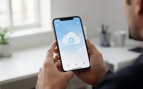 Person hält ein Smartphone in einem modernen Büro, auf dem Display ist eine Cloud-Speicher-App zu sehen. - Foto: über boerse-global.de