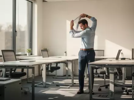 Eine Person in einem modernen Büro führt während der Arbeit eine kurze Dehnübung zur Entspannung des Rückens durch. - Foto: über boerse-global.de