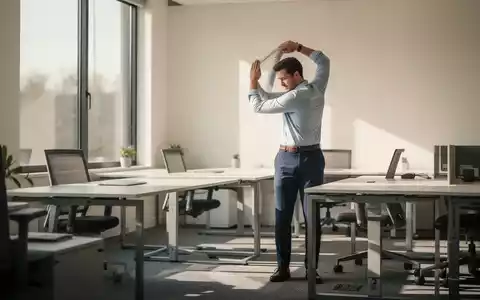 Eine Person in einem modernen Büro führt während der Arbeit eine kurze Dehnübung zur Entspannung des Rückens durch. - Foto: über boerse-global.de