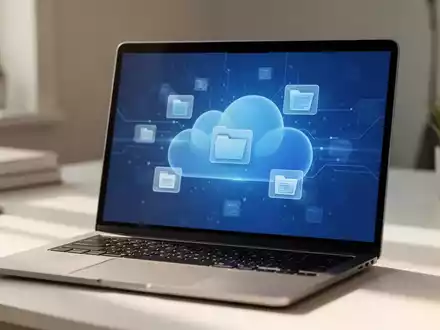 Ein moderner Laptop-Bildschirm auf einem Schreibtisch zeigt abstraktes Cloud-Computing-Design. - Foto: über boerse-global.de