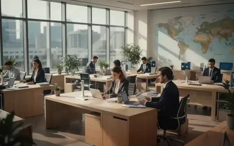 Büroarbeitsplatz in einem modernen Reiseunternehmen mit fokussierten Mitarbeitern in einer hellen, professionellen Umgebung. - Foto: über boerse-global.de