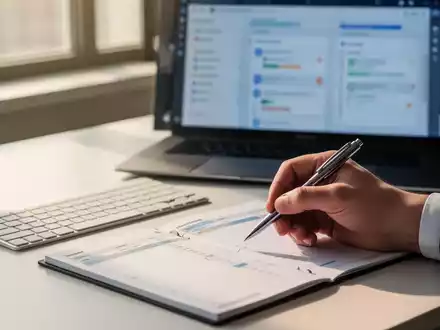Ein professioneller Schreibtisch mit einem Laptop und einem Planer, der präzises Zeitmanagement und Projektplanung symbolisiert. - Foto: über boerse-global.de