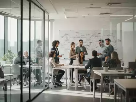 Moderne Büroarchitektur mit Fachkräften in einem Besprechungsraum während einer professionellen Arbeitsphase. - Foto: über boerse-global.de