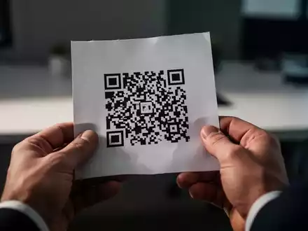 Nahaufnahme von Händen, die ein Blatt Papier mit einem QR-Code halten, in einer modernen Büroumgebung. - Foto: über boerse-global.de