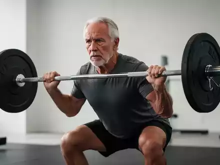 Ein sportlicher Mann über 60 führt in einem hellen, modernen Fitnessstudio konzentriert eine Kraftübung mit einer Langhantel aus. - Foto: über boerse-global.de