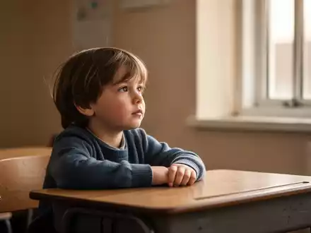 Ein Kind sitzt nachdenklich an einem Schultisch in einem hellen, freundlichen Klassenzimmer. - Foto: über boerse-global.de
