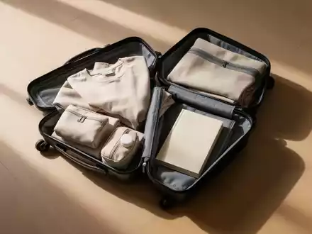 Ein ordentlich gepackter, minimalistischer Koffer auf einem Holzboden, der eine entspannte und strukturierte Reisevorbereitung symbolisiert. - Foto: über boerse-global.de