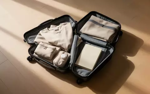 Ein ordentlich gepackter, minimalistischer Koffer auf einem Holzboden, der eine entspannte und strukturierte Reisevorbereitung symbolisiert. - Foto: über boerse-global.de