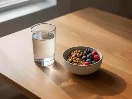 Ein minimalistischer Holztisch mit einer Auswahl an frischen Nüssen und Beeren neben einem Glas Wasser bei natürlichem Licht. - Foto: über boerse-global.de