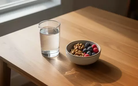 Ein minimalistischer Holztisch mit einer Auswahl an frischen Nüssen und Beeren neben einem Glas Wasser bei natürlichem Licht. - Foto: über boerse-global.de