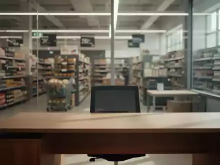 Ein minimalistischer, leerer Schreibtisch in einem modernen Büro vor dem unscharfen Hintergrund eines Lebensmittelmarktes. - Foto: über boerse-global.de